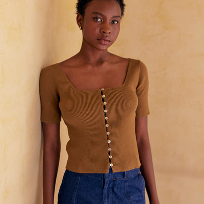 Buttoned Ribbed Knitted Top Pima Cotton - Musgo