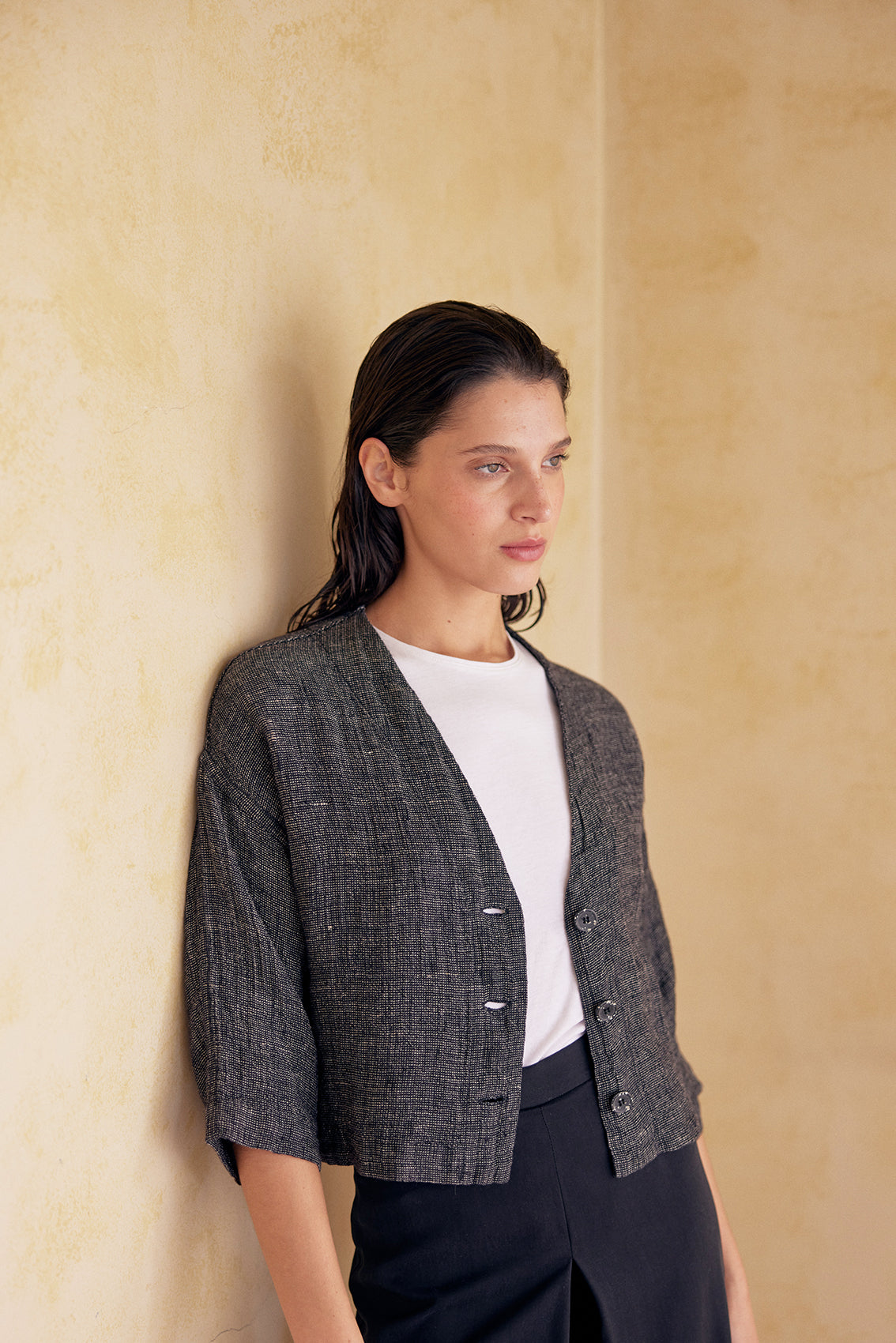 Cropped Jacket Washed Linen - Ónix Jaspeado