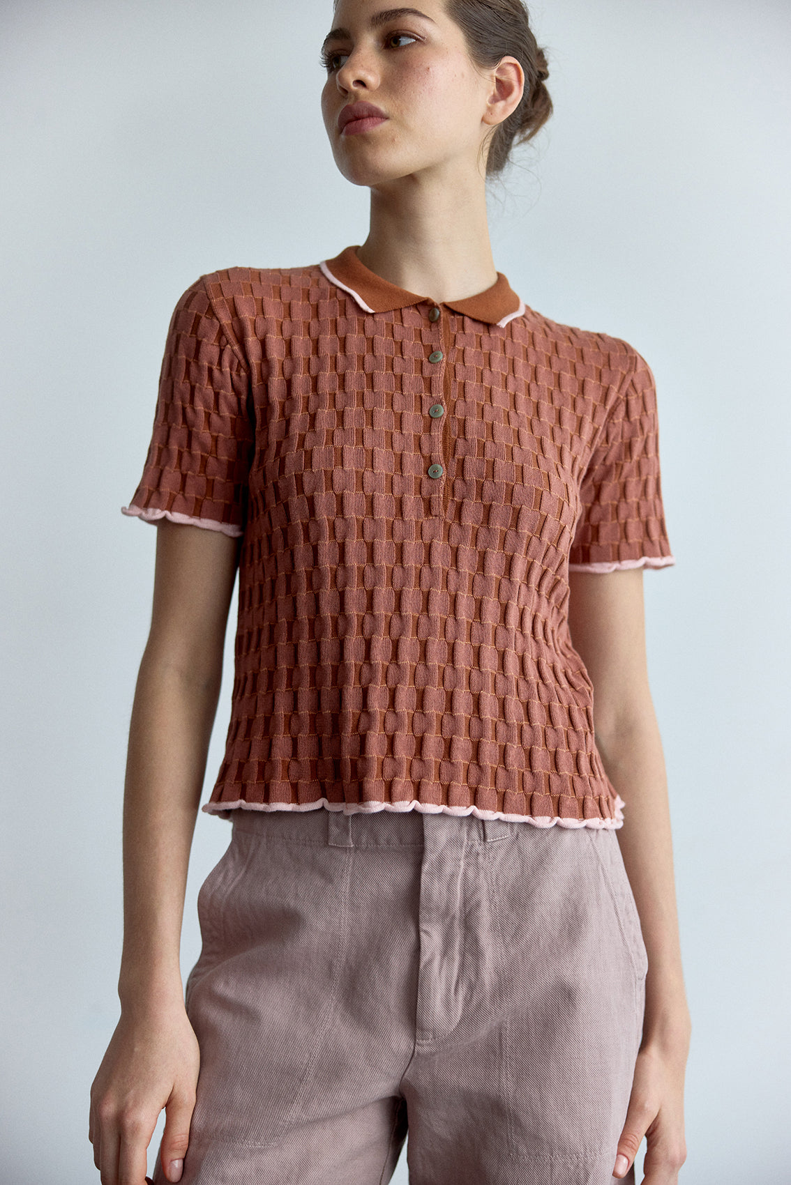 Top Cuello Polo Contraste Texturado Algodón Pima - Pomelo