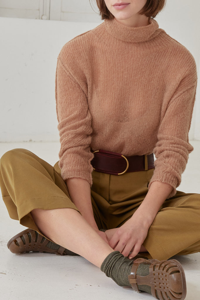 Sheer Knit Roll Neck Sweater Baby Alpaca - Almendra