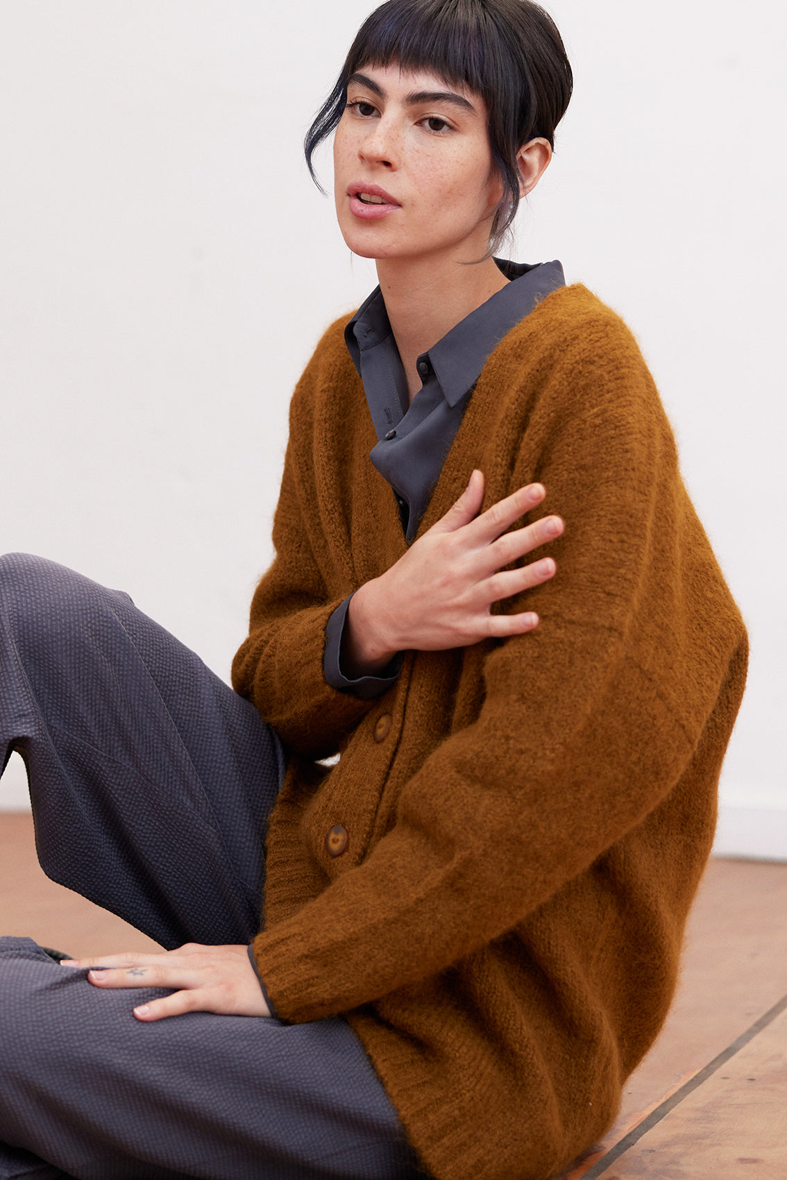 Oversized Fuzzy Knit Alpaca Cardigan - Camel