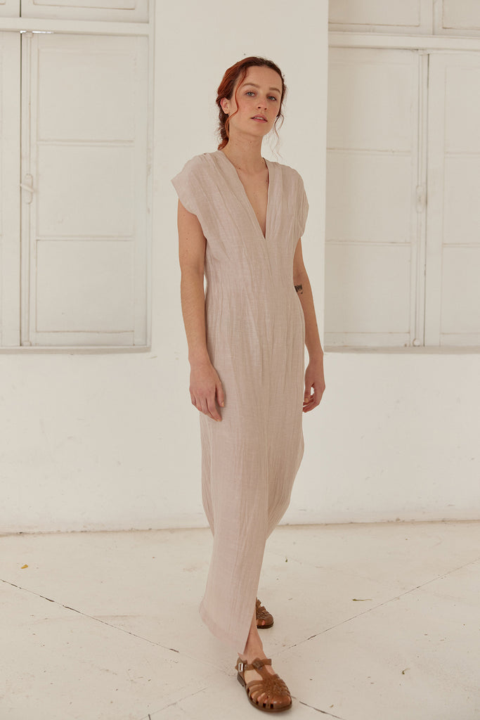 V-Neck Textured Silk/Linen Long Dress - Arena