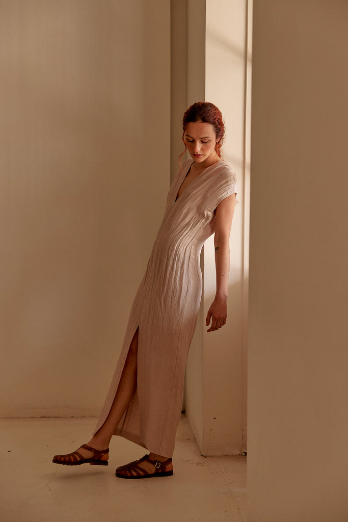 V-Neck Textured Silk/Linen Long Dress - Arena