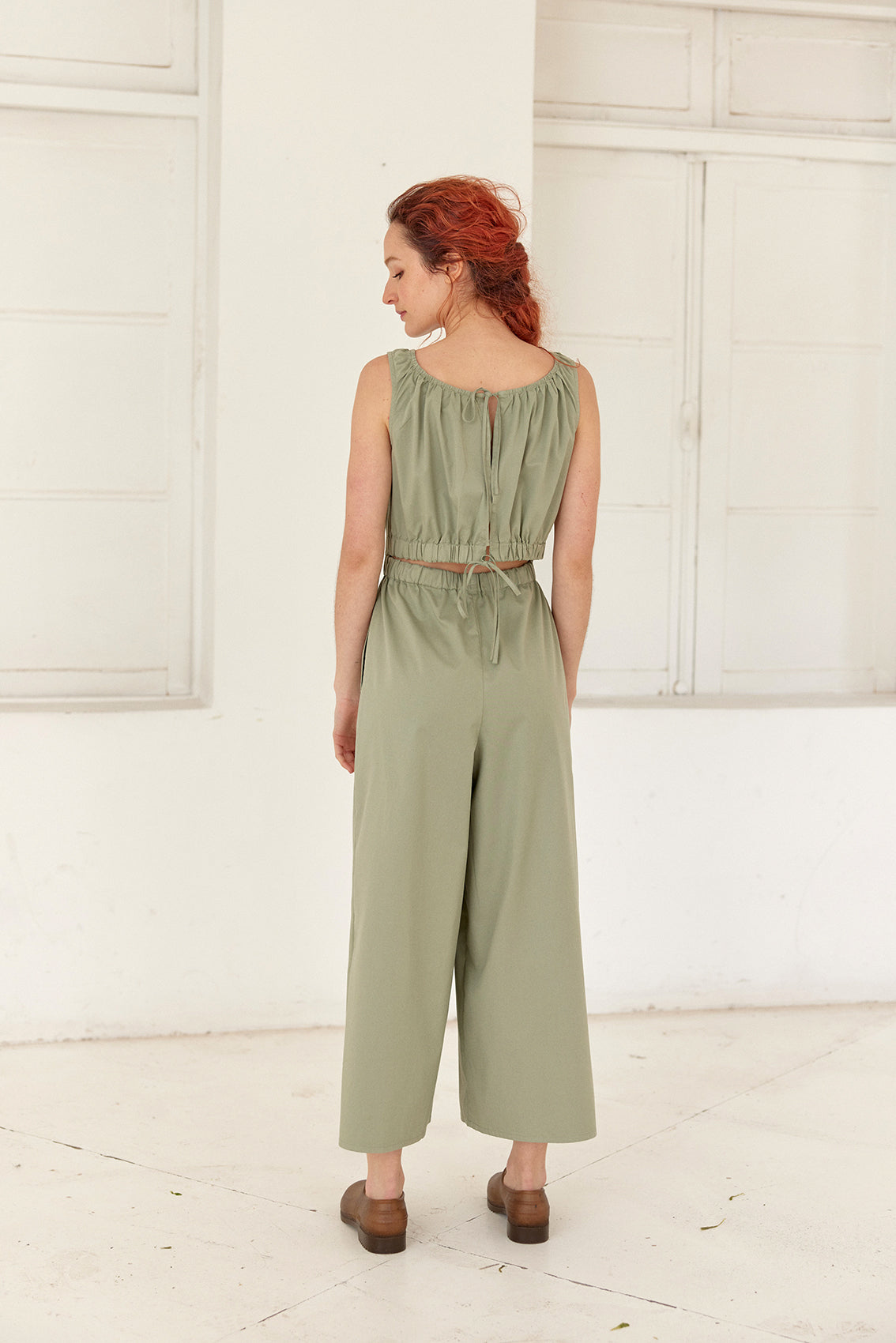 Tie-Back Gathered Cotton Jumpsuit - Salvia