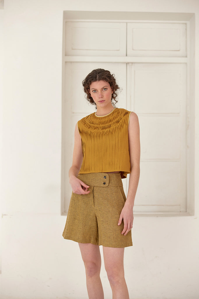 Tie-Back Pleated Cotton Top - Ocre