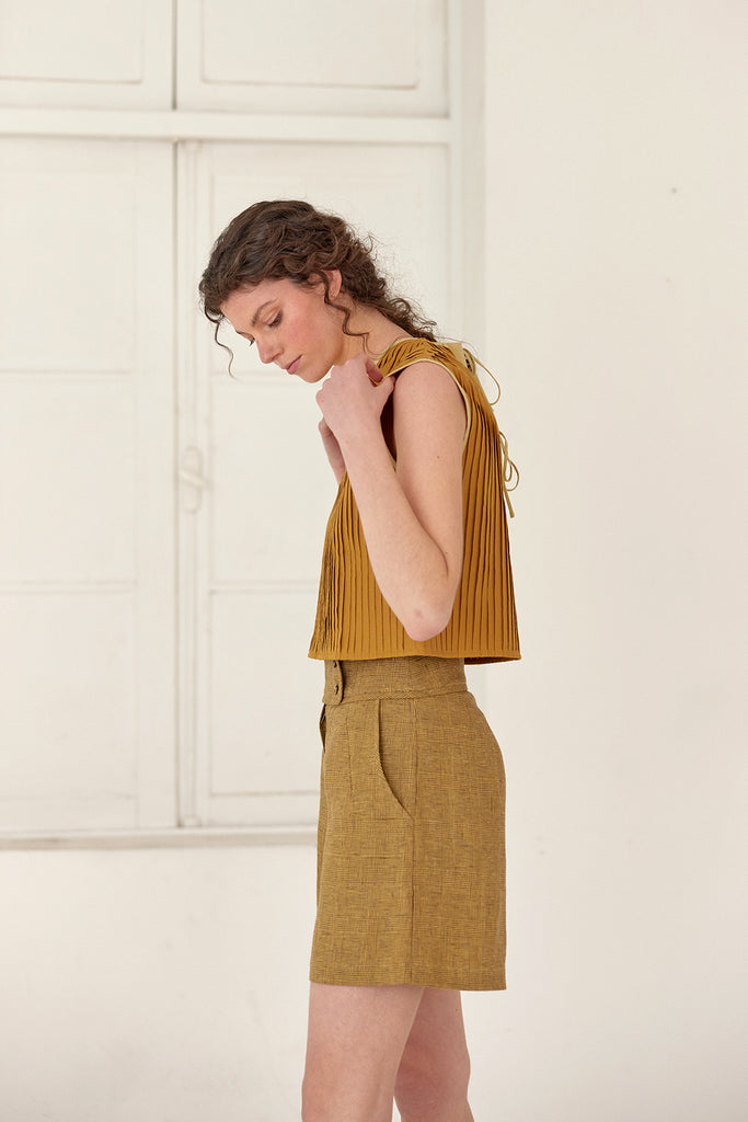 Tie-Back Pleated Cotton Top - Ocre
