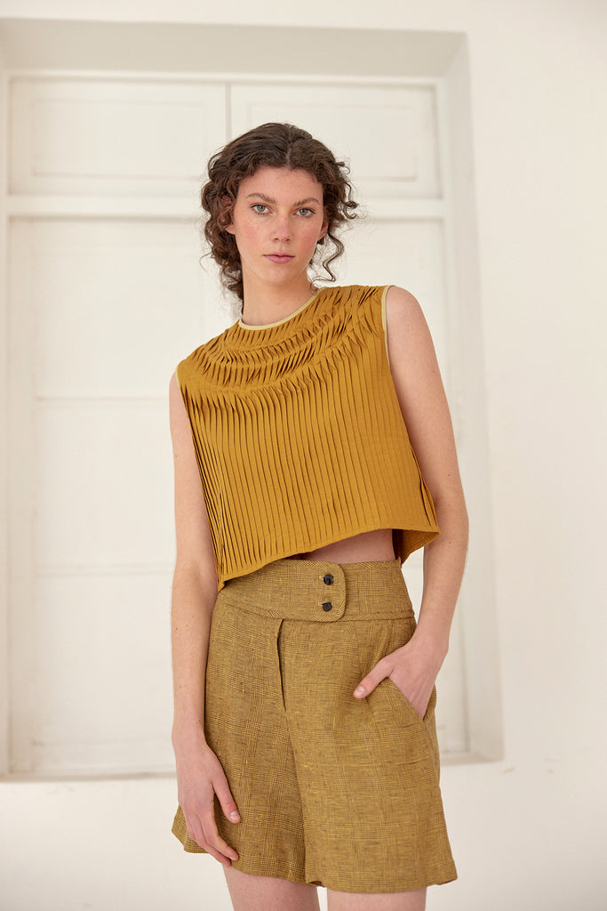 Tie-Back Pleated Cotton Top - Ocre