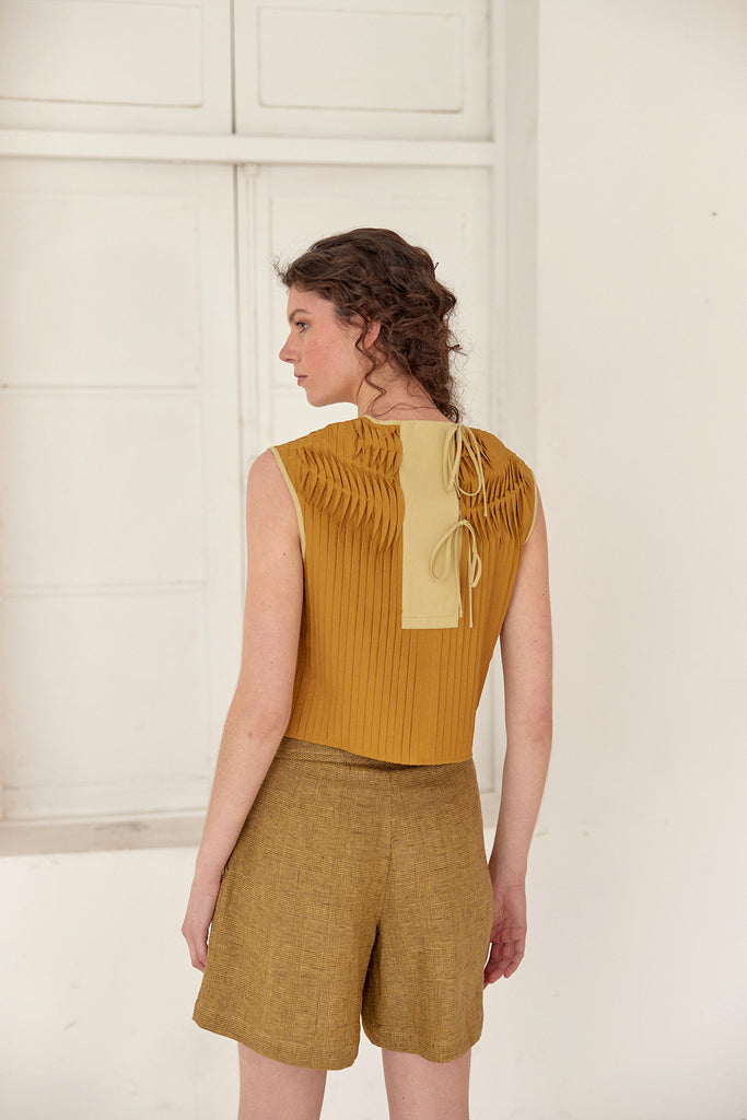 Tie-Back Pleated Cotton Top - Ocre