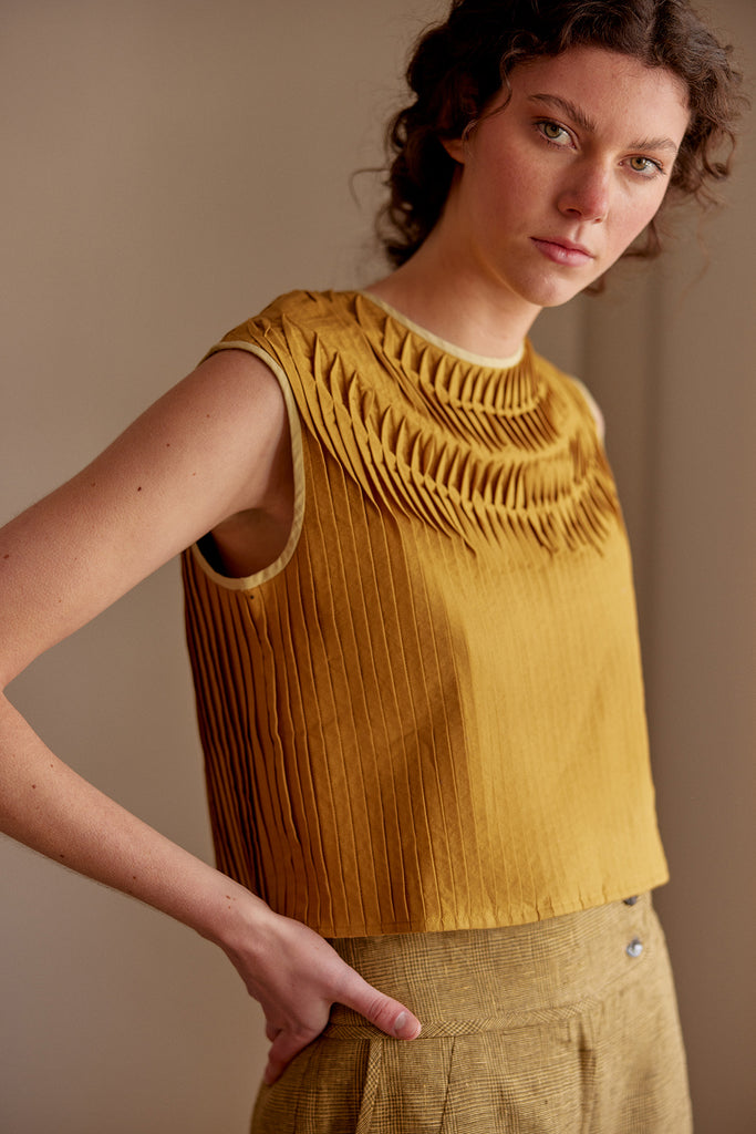 Tie-Back Pleated Cotton Top - Ocre