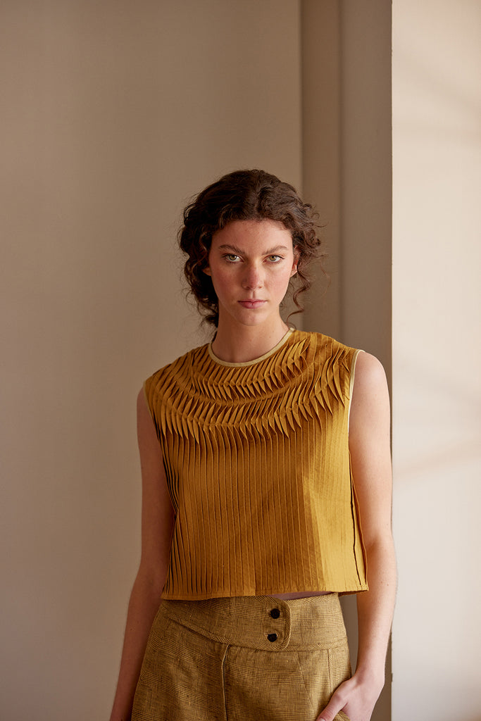 Tie-Back Pleated Cotton Top - Ocre