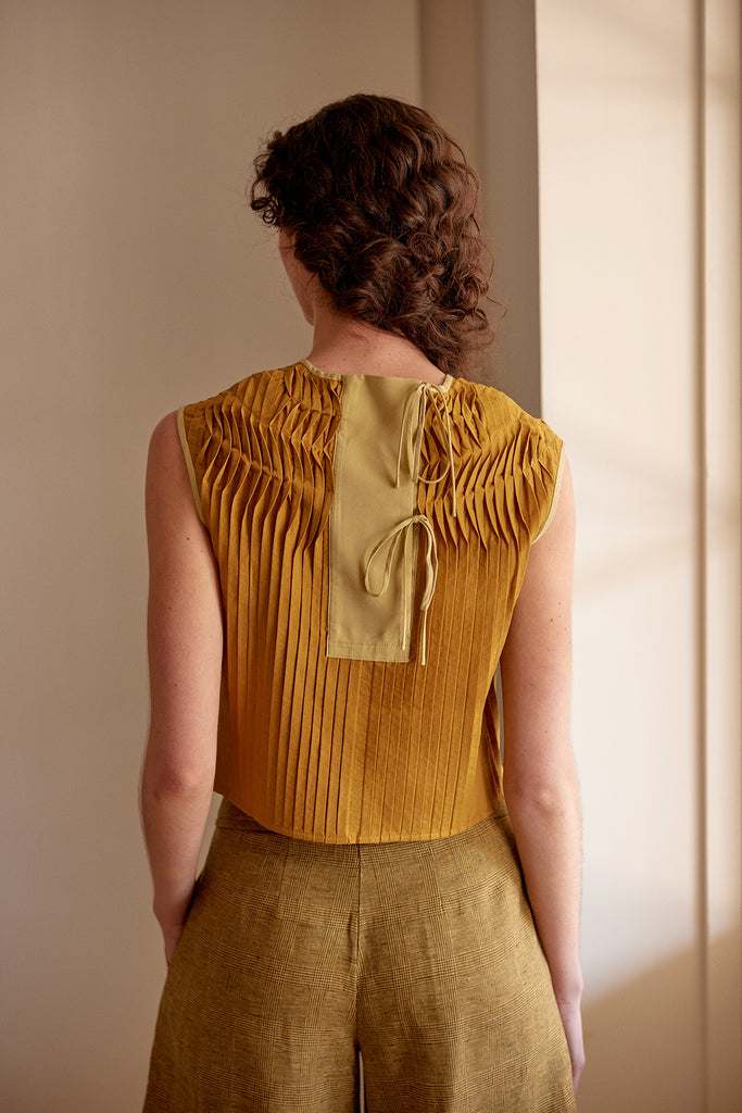 Tie-Back Pleated Cotton Top - Ocre